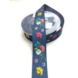 Hobigram Lacivert Çiçek Desenli Koton Kurdele 2,5 cm 1 mt - 12150102150