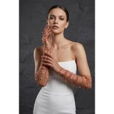 Hobigram Noctyra Pearl Mesh Couture Bakır Rengi Eldiven – Uzun Tül İnci Detaylı Lüks Davet Aksesuarı
