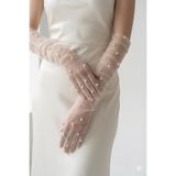 Hobigram Noctyra Pearl Mesh Couture Beyaz Eldiven – Uzun Tül İnci Detaylı Lüks Davet Aksesuarı