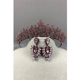 Hobigram Pembe Jessie Model Şık Taşlı Kına Tacı Ve İnce Küpe Takımı