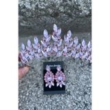 Hobigram Regina Pembe Gelin Kına Tacı Özel Gün Aksesuar Kadın Taç Ve Üç Mekik Küpe Takımı
