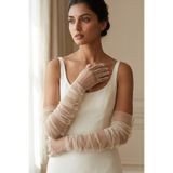 Hobigram Silk Aura Drapeli Krem Uzun Tül Eldiven | Zarif ve Modern Couture Özel Tasarım
