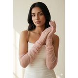 Hobigram Silk Aura Drapeli Pudra Uzun Tül Eldiven | Zarif ve Modern Couture Özel Tasarım