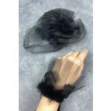 Hobigram Siyah Vualet Nikah Şapkası Saç Aksesuarı Ve Savin Tüylü Bilek Aksesuarı