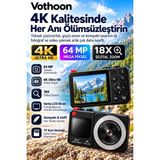 Hobilinka 4K Dijital Fotoğraf Makinesi 18X Dijital Zoom 64 Mp Ön ve Arka Ekranlı Kompakt Kamera Siyah