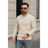 Hobilinka Erkek Bisiklet Yuvarlak Yaka Triko Kazak Pamuklu Kalın Fitilli Dokuma Regular Fit - Bej