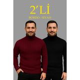 Hobilinka Erkek Fitilli Triko Kazak 2li Set Bordo Siyah Regular Balıkcı Yaka Tam Boğazlı Triko Seti Modeli - XL