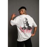 Hobilinka Erkek Oversize Tişört – Beyaz 24/1 Penye Kumaş, Bisiklet Yaka, Ön - Arka Baskılı, Streetwear
