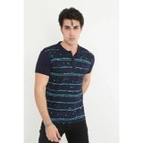 Hobilinka Erkek Yakalı Tişort Slim Fit Pike Çizgili kısa Kol T-Shirt - Lacivert - XL