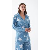 Hobilinka Kadın Mavi Yıldız Desenli Düğmeli Pamuklu Pijama Takımı