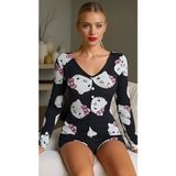 Hobilinka Kitty Dream Pamuklu Siyah Kedicik Desenli Düğmeli Uzun Kol Tulum Pijama - Pembe