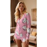 Hobilinka Pink Cat Dream Pamuklu Pembe Kedi Desenli Düğmeli Uzun Kol Tulum Pijama