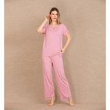 Hobilinka Viskon Şık Tasarım Dantel Işlemeli Pembe Kısa Kol Pijama Takımı - XL