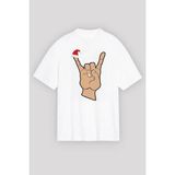 Hobilinka Yılbaşı Noel Başlıklı Serçe Parmak Baskılı Oversize Bisiklet Yaka T-Shirt - Beyaz - XL