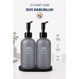 HOBİLON Bambu Stantlı 2'li Gri Mat Cam Sıvı Sabunluk Seti