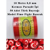 Hobimos 50 Adet Türk Bayrağı Model Fimo Boncuk ve 10 Metre 0,8 mm Kırmızı Paraşüt Ipi