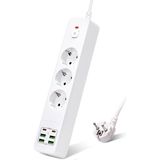 Hobimtek H-01 Hızlı Şarj Istasyonu 3000W 3'lü Priz 2 Metre Uzatma Kablosu Çoklu Priz 4 USB 2 Type C Girişli On Off Düğmeli - Beyaz
