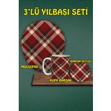 HobiShop Yılbaşı Temalı 3'lü Bilek Destekli Mousepad Kupa Ve Bardak Altlığı Seti