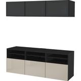 Hobiurun Tv ünitesi, venge-parlak cila-bej-füme cam, 180x42x192 cm, SELSVIKEN/GLASSVIK, fren raylı