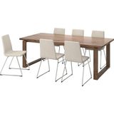 Hobiurun Yemek Masası Takımı, Meşe Kaplama Kahverengi Vernikli-Krom Kaplama Gunnared Bej, 6 Sandalyeli - 100x220 cm