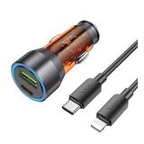 Hoco NZ12A Action PD43W USB + Type-C Araç Çakmaklık Hızlı Şarj Aleti + Type-C To iPhone Lightning Ka - Turuncu