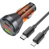 Hoco NZ12B Unimpeded PD48W USB + Type-C Araç Çakmaklı Hızlı Şarj Aleti + Type-C To iPhone Kablo - Turuncu