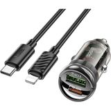 Hoco Z53A Vision PD30W Type-C + USB Qc3.0 Girişli Araç Çakmaklık Hızlı Şarj Aleti + Type-C To iPhone - Siyah