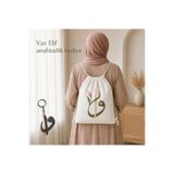 Hodie Vav Elif Baskılı Büzgülü Sırt Çantası Hac ve Umre Seyahat Çantası 40x45 cm 180 gr Kalın Kumaş Günlük Kullanım