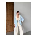 HOEK Kadın Krem-Bebe Mavi Oversize Blazer Ceket Palazzo Pantolon Takım Elbise