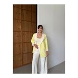 HOEK Kadın Krem-Sarı Oversize Blazer Ceket Palazzo Pantolon Takım Elbise