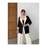 HOEK Kadın Krem-Siyah Oversize Blazer Ceket Palazzo Pantolon Takım Elbise