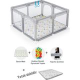 Hoffie Playard Güvenli Bebek ve Çocuk Oyun Alanı Oyun Parkı 120X120 Oyun Matı Topları ve Yataklı - Açık Gri