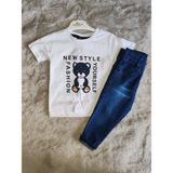 Hola Kids Hırkalı Ayıcık Baskılı Tshirt ve Kot Pantolon Erkek Bebek 9/12/18/24 Ay Takım - 0- Koyu Mavi - 12 Ay