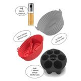 Holly Home 3+1 Silikon Airfryer Pişirme Kalıbı Seti; Gri Yonca+Kırmızı Bölmeli+Siyah Muffin+Yağ Sprey
