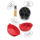 Holly Home 3+1 Silikon Airfryer Pişirme Kalıbı Seti; Kırmızı Yonca+Bölmeli+Siyah Muffin Kabı+Yağ Sprey