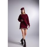 Holly Lolly Bordo Renkli Beli Lastikli Örgü Desenli Mini Triko Etek Standart Kumaş