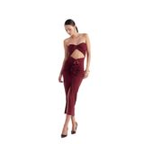 Holly Lolly Büzgü Detaylı Straplez Yırtmaçlı Hailey Elbise Bordo