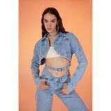 Holly Lolly Crop Model Düğme Kapamalı Kemer Detaylı Biana Kot Ceket Mavi - XS