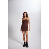 Holly Lolly HLSS23-00111 Soit Mini Boy Yırtmaçlı Straplez Kahverengi Kadın Elbise