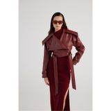 Holly Lolly Kadın Crop Model Suni Deri Ceket, Kemerli, Bordo, L Beden