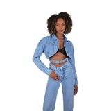 Holly Lolly Kadın Mavi Crop Model Kot Ceket, Düğmeli, Kemerli, M Beden