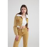 Holly Lolly Mermer Desenli Çıkarılabilir Yaka Detaylı Crop Kesim Cepli Rusted Jean Ceket Camel - XS