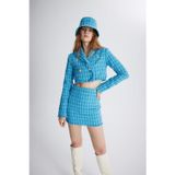 HOLLY LOLLY Tüvit Kumaş Crop Tweed Ceket Mavi