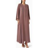 HOMA Q Şık Tam Süslü Iki Parça Abaya Seti Içinde Yumuşak Crepe Elbise ile Zarif Tasarım - Açık Kahverengi - 2XL