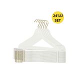 Home 24 Adet Beyaz Ahşap Görünümlü Plastik Askı Kıyafet Elbise Premium Amerikan Gold Kancalı