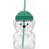 Home 580 ml Ayıcık Desenli Cam Bardak Pipetli Silikon Kapaklı Soğuk Kahve Bardağı Şeffaf Cam