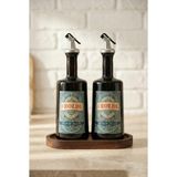 Home Ahşap Stantlı 2'li Amber 500 ml Cam Ayçiçek Yağı Zeytinyağı Şişesi Yağdanlık