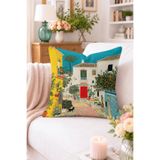Home Akdeniz Evleri ve Portakal Ağacı Desenli Kırlent Kılıfı - Renkli Vintage Dekoratif Yastık Kılıfı