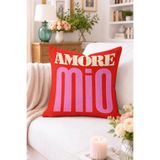 Home Amore Mio Yazılı Kırlent Kılıfı - Kırmızı Zemin Pembe Büyük Harfli Modern Dekoratif Yastık Kılıfı