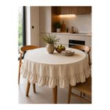 HOME ART ATELIER hand made Fırfırlı Naturel Vintage Yuvarlak Masa Örtüsü - Soft Keten Seri Mutfak Salon Masa Örtüsü- Çeyizlik